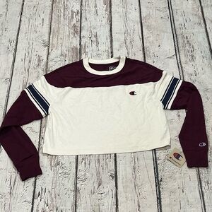 Women's Champion Logo Multi Color Crop Top Long Sleeve Crewneck Shirt Sweatshirt
